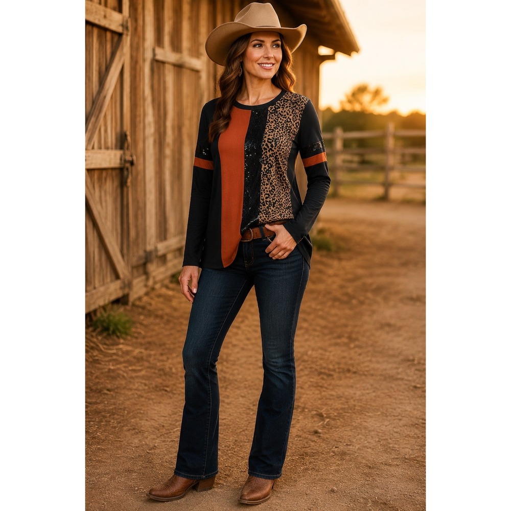 Sunshine & Rodeos Sequin Leopard Colorblock Long Sleeve Top Black Orange Medium